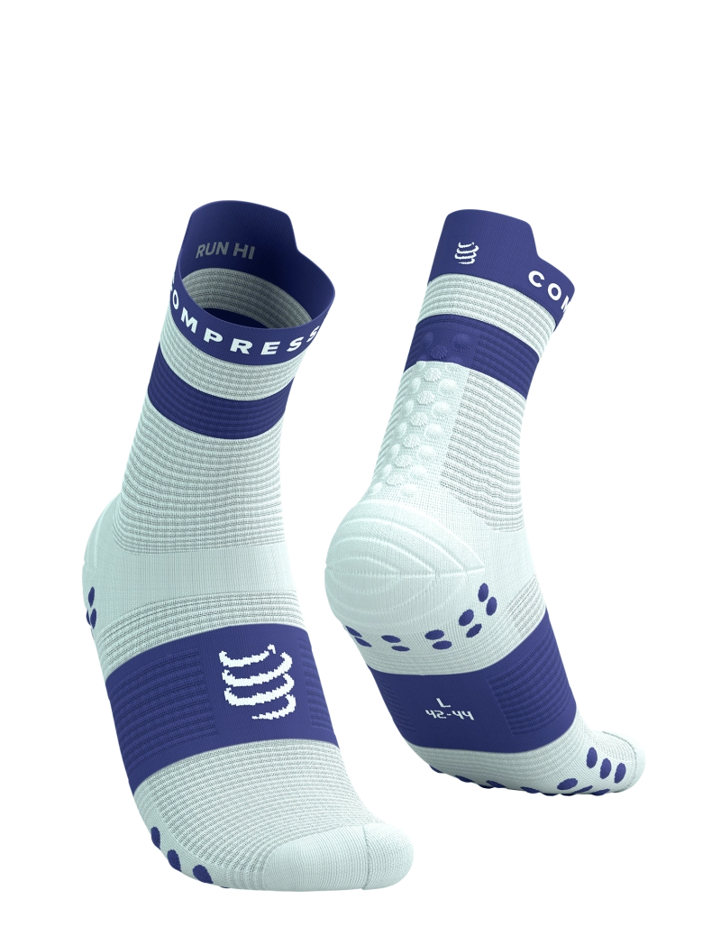 White and blue running socks with Compressport logo 