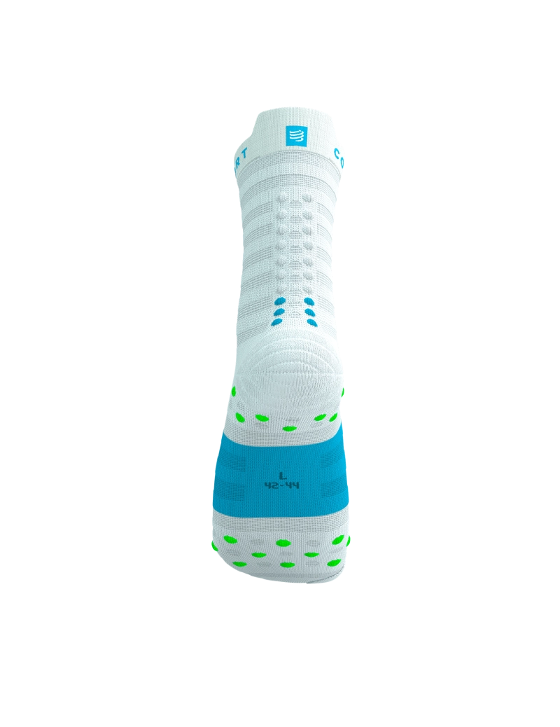 compressport pro racing ultralight run high quarter sock in light blue with touches os lime green and blue. rear view.