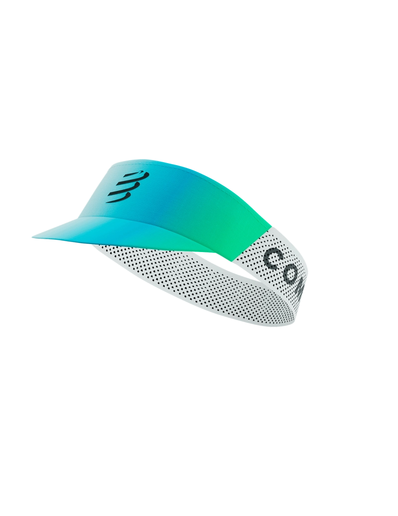 picture of compressport pro racing visor in the star white and blue green side on view