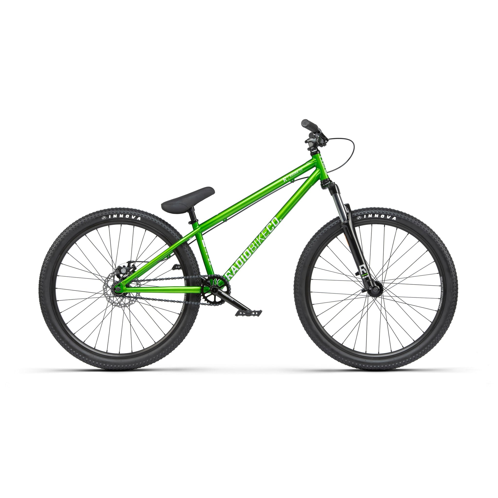radio asura complete bike with 26" wheel for dirt jumping, pump tracks, green colour, side view of complete bike