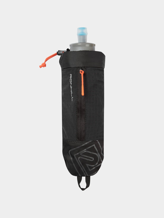 ronhill softflask, 500 ml soft flask with handle and zipper pouch, black with orange zipper, bottle on white background