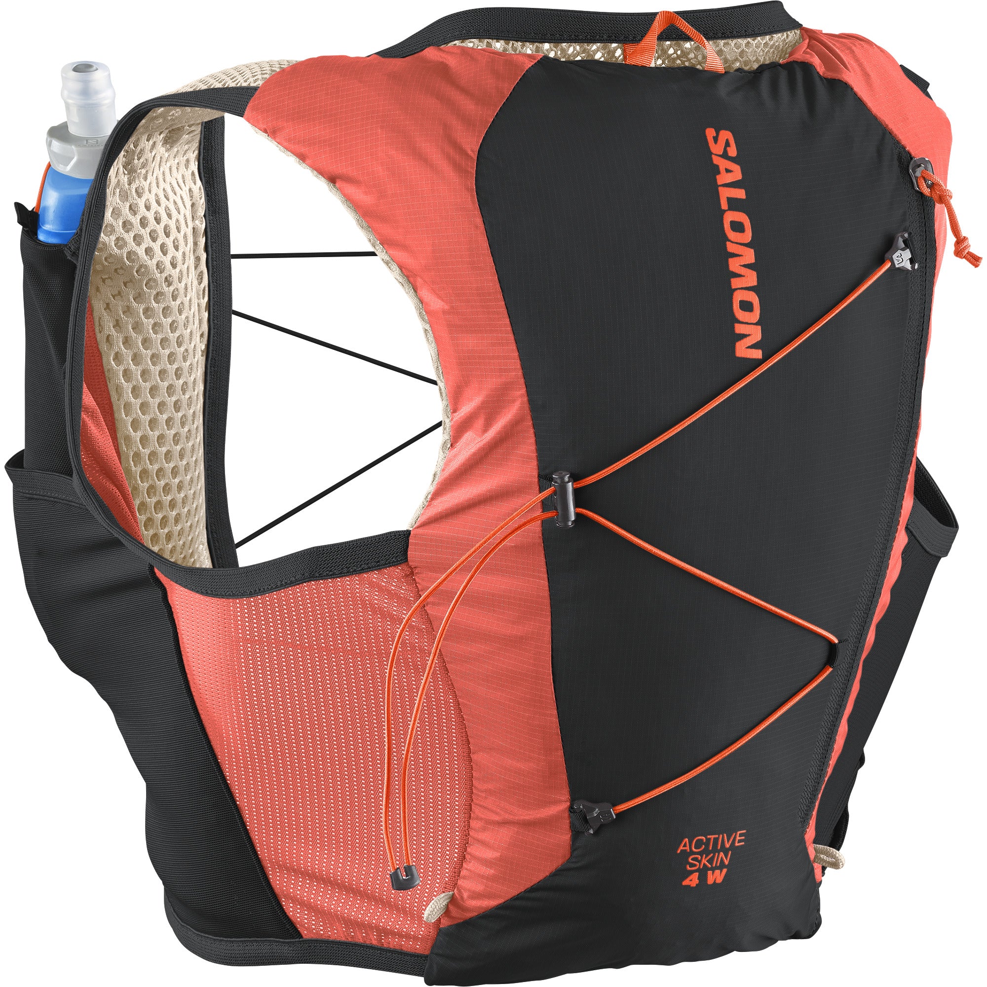 salomon active skin 4, lightweight breathable hydration running vest, dark grey running vest with orange and cream details back view