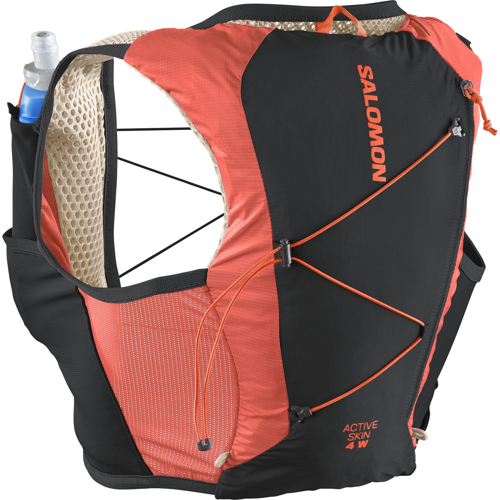 salomon active skin 4, lightweight breathable hydration running vest, dark grey running vest with orange and cream details back view