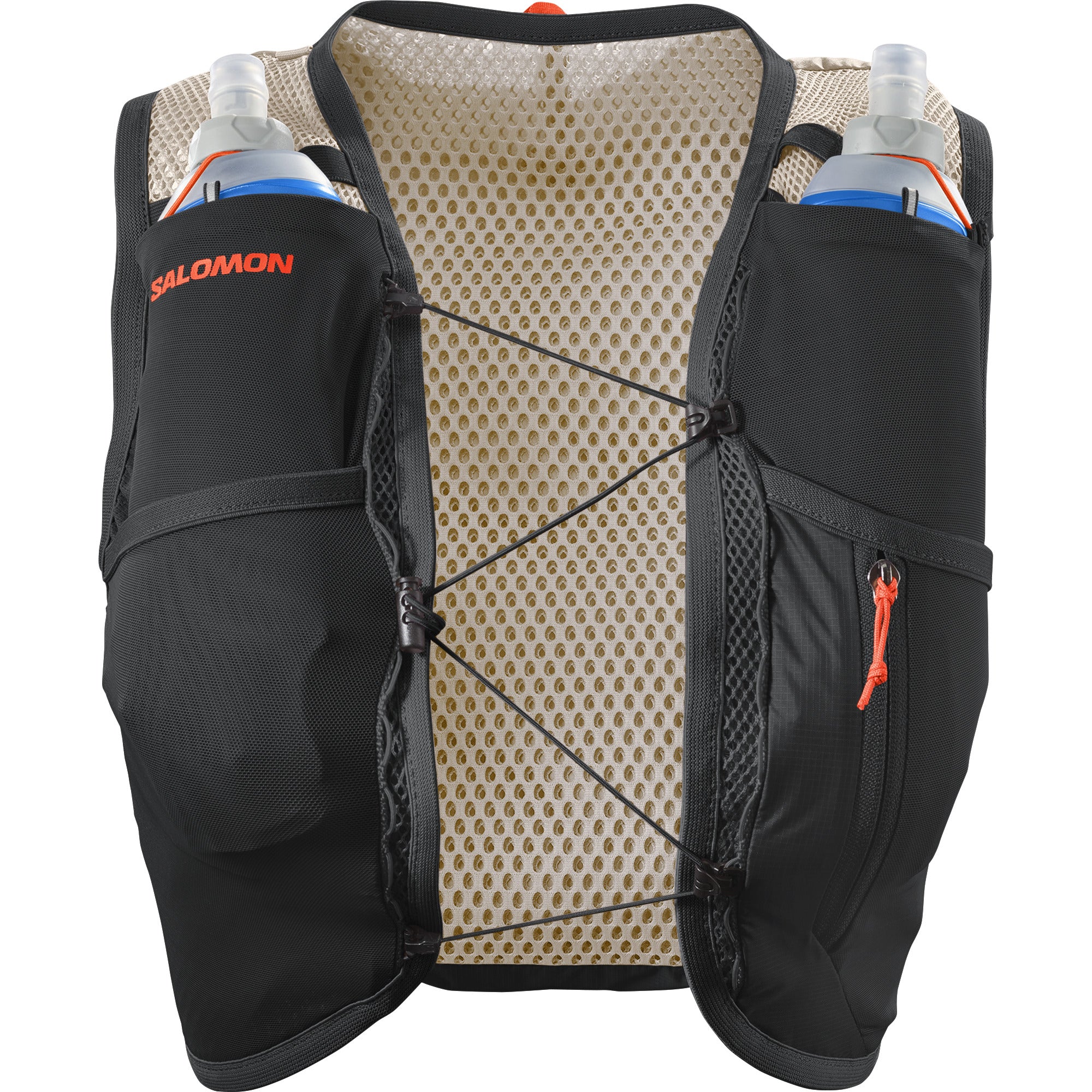 salomon active skin 4, lightweight breathable hydration running vest, dark grey running vest with orange details