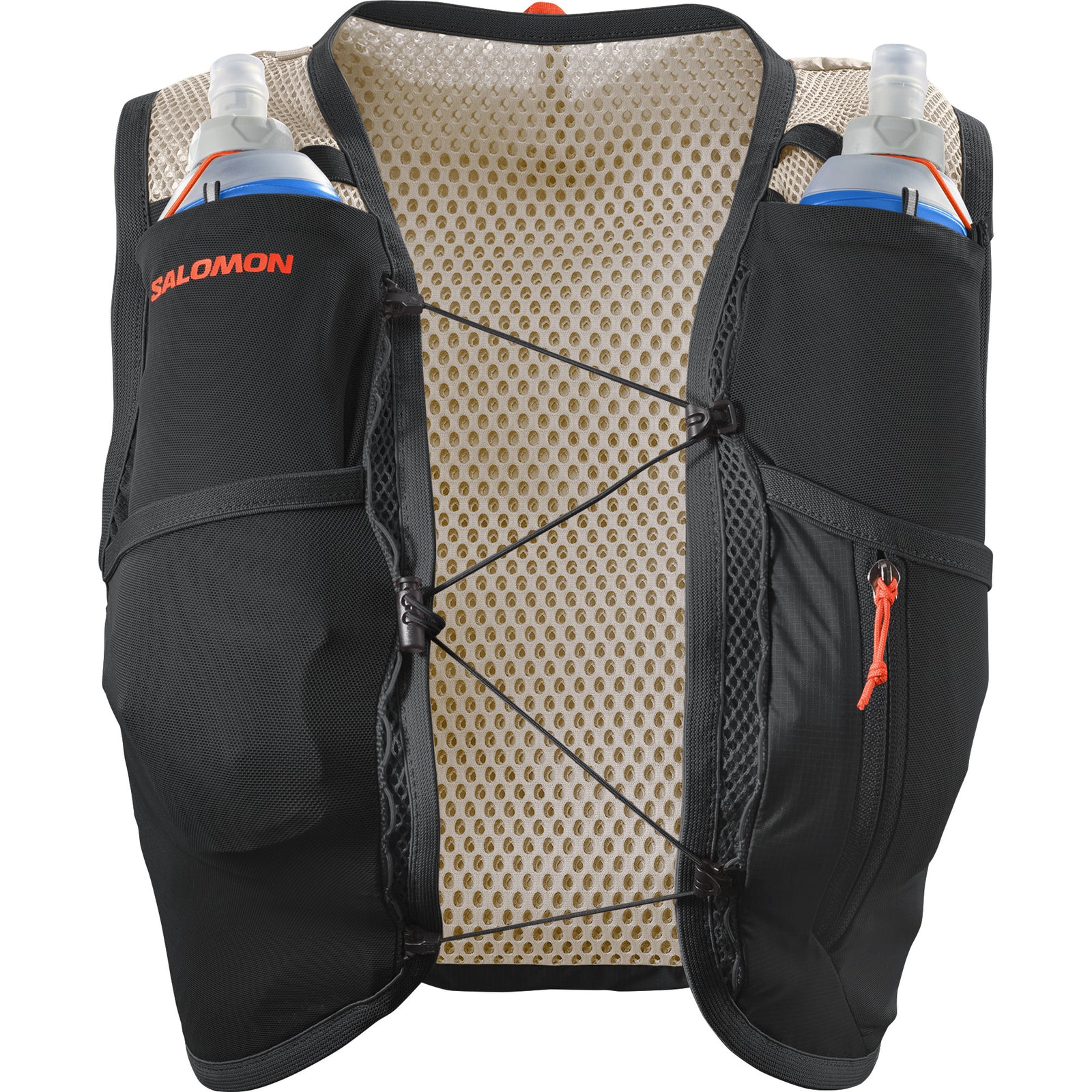 salomon active skin 4, lightweight breathable hydration running vest, dark grey running vest with orange details