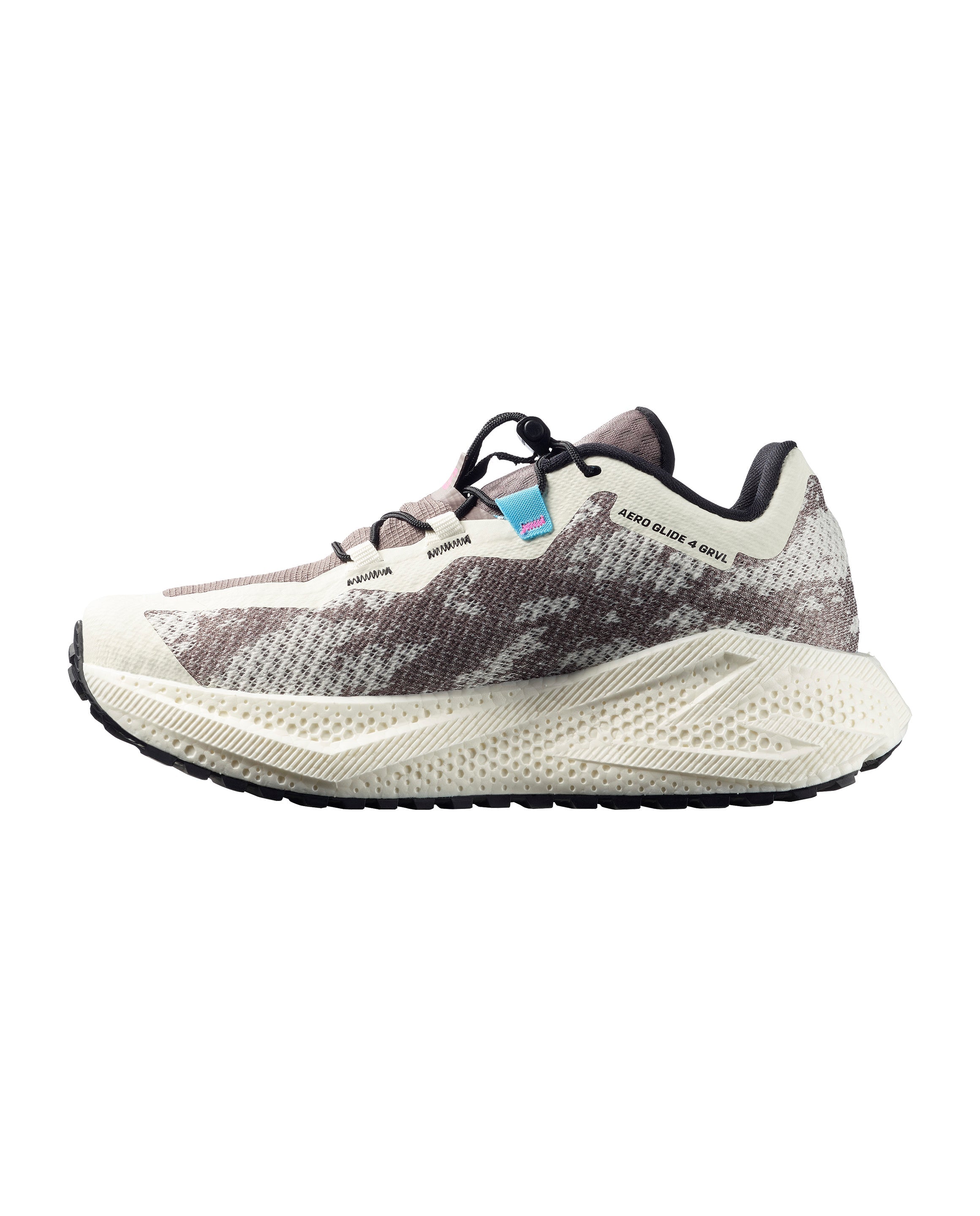side view of salomon aero glide grvl 4 running shoes for women in vanilla ice colour