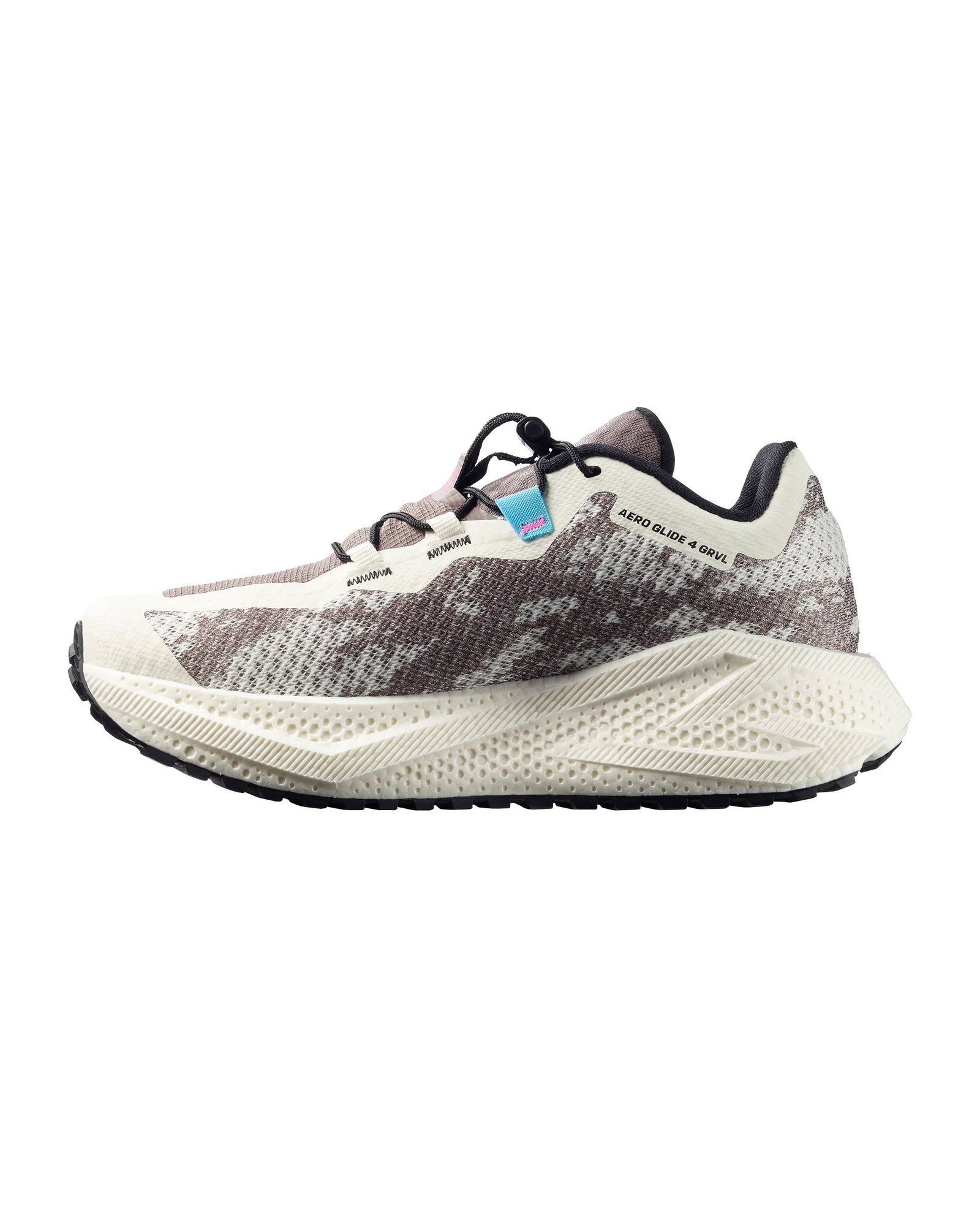 side view of salomon aero glide grvl 4 running shoes for women in vanilla ice colour