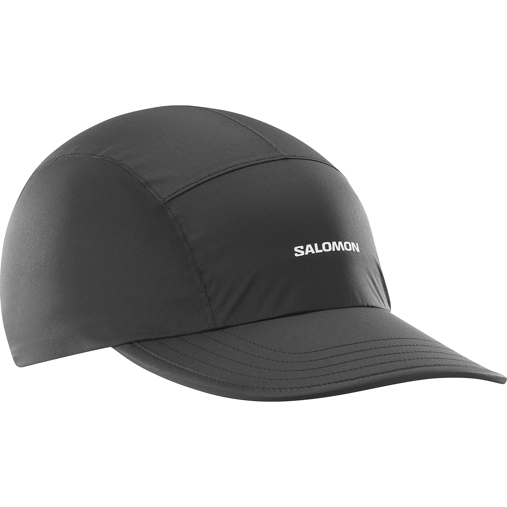 salomon bonatti pro cap with five panels, waterproof cap for running, black colour with a white logo, salomon cap lying flat on a white background