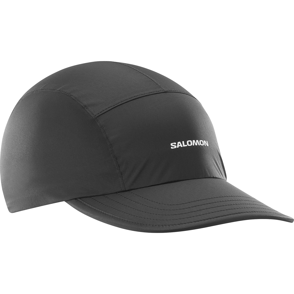 salomon bonatti pro cap with five panels, waterproof cap for running, black colour with a white logo, salomon cap lying flat on a white background