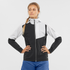 salomon bonatti trail jacket for women, waterproof trail running jacket, black and white, woman wearing jacket