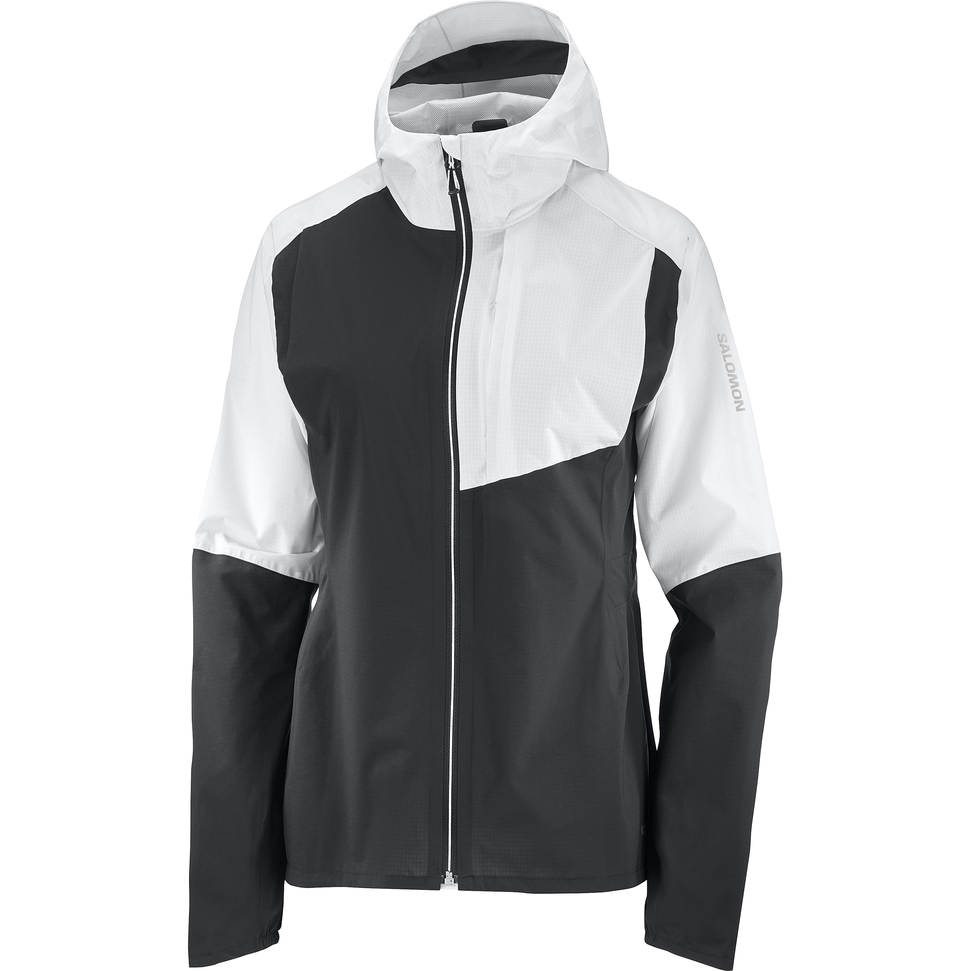 salomon bonatti trail jacket for women, waterproof trail running jacket, black and white, front of jacket on white background