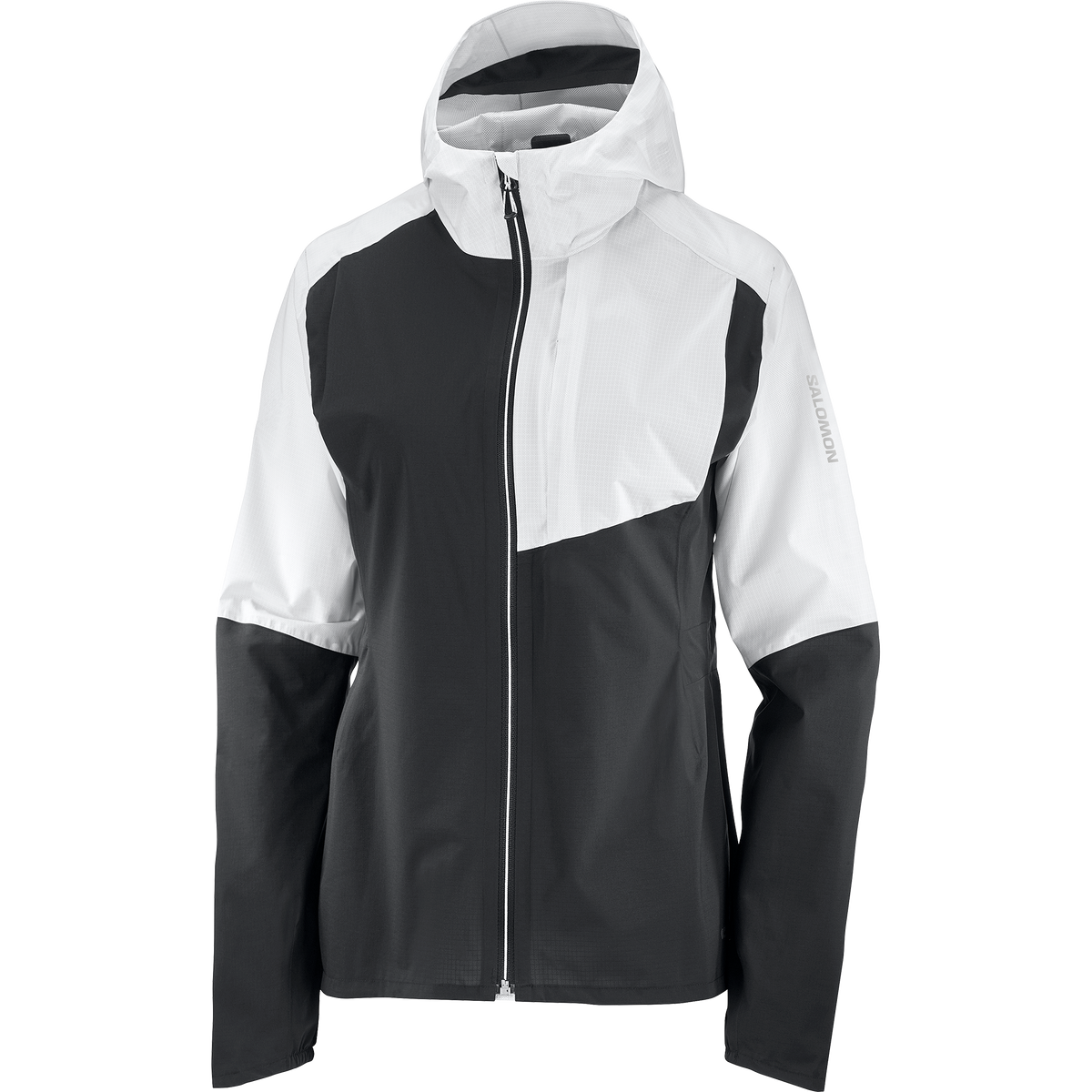 salomon bonatti trail jacket for women, waterproof trail running jacket, black and white, front of jacket on white background