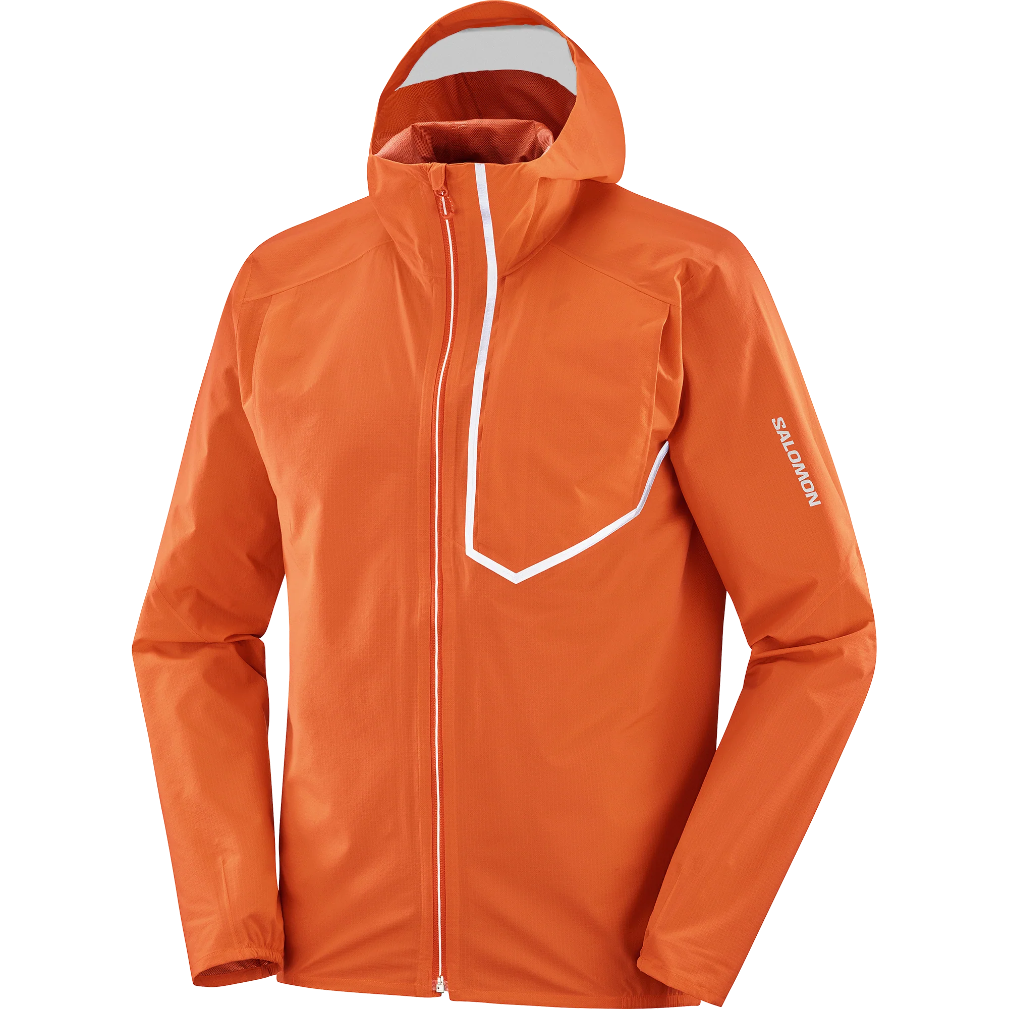 salomon bonatti trail rain jacket for men, waterproof trail running jacket, orange colour with reflective silver details, front profile of orange jacket
