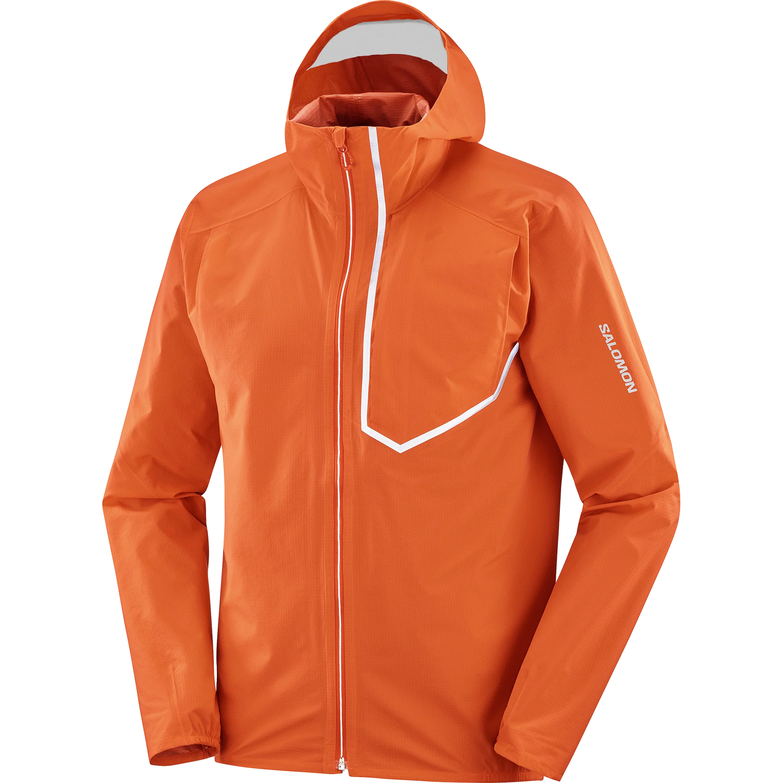 salomon bonatti trail rain jacket for men, waterproof trail running jacket, orange colour with reflective silver details, front profile of orange jacket
