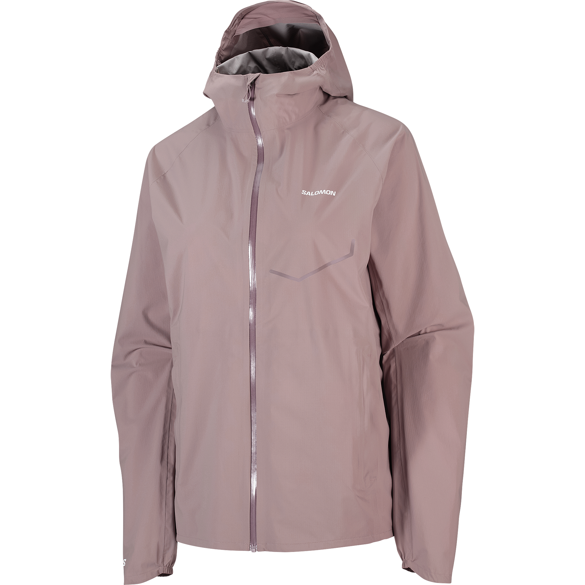 A Salomon hooded rain jacket in a dusty rose pink color, featuring a full-length front zipper and a subtle white Salomon logo on the left chest, shown against a plain white background.