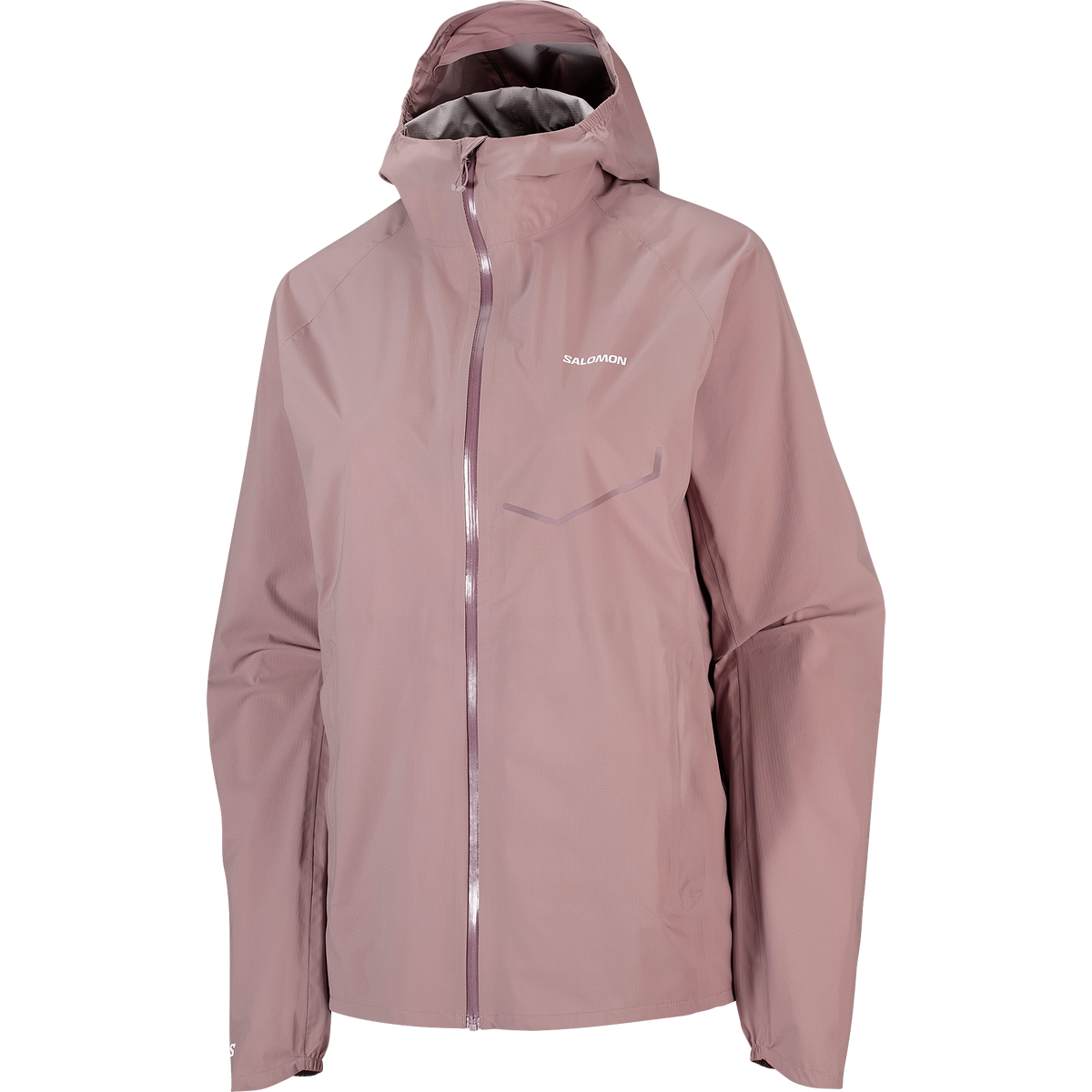 A Salomon hooded rain jacket in a dusty rose pink color, featuring a full-length front zipper and a subtle white Salomon logo on the left chest, shown against a plain white background.