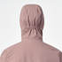 Close up of the hood on salomon bonatti waterproof jacket, in antler colour, showing elasticated feature to prevent hood blowing down in wind