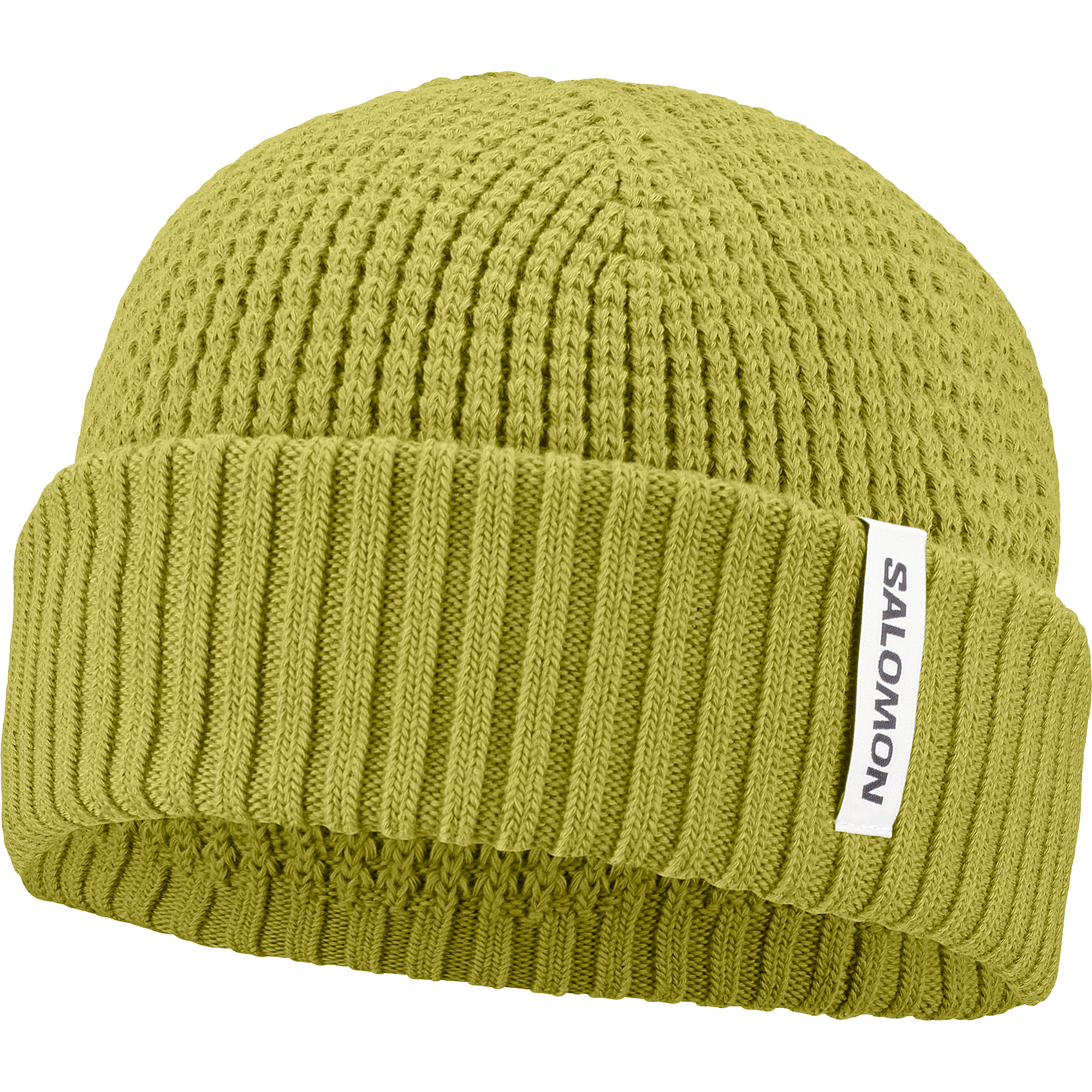 salomon docker beanie, wool blend hat for warmth and comfort, olive green colour,  salomon beanie on a white background