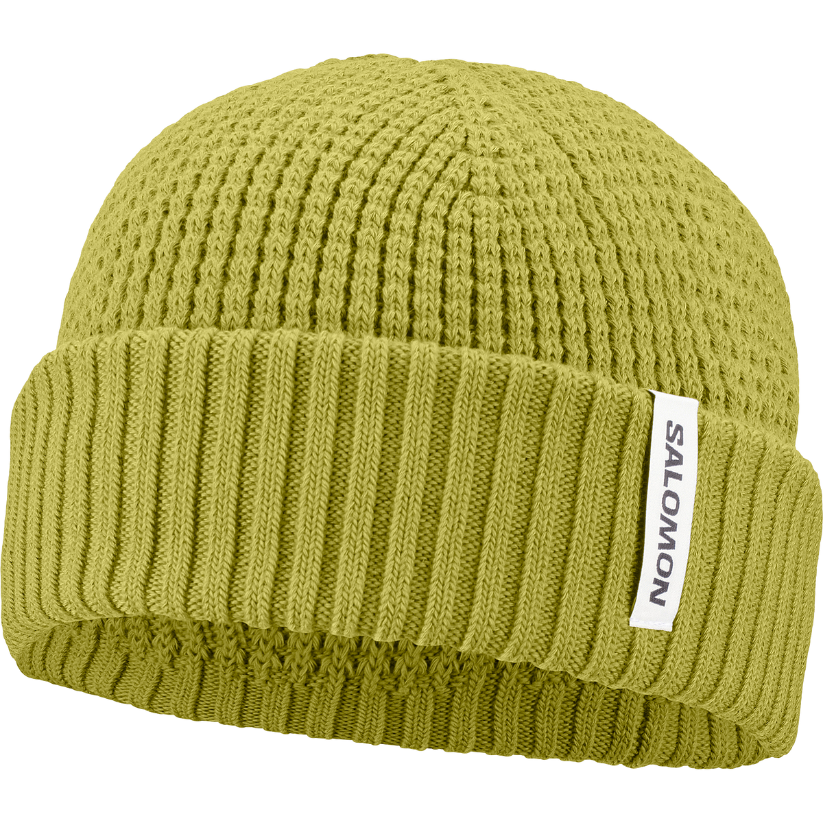 salomon docker beanie, wool blend hat for warmth and comfort, olive green colour,  salomon beanie on a white background