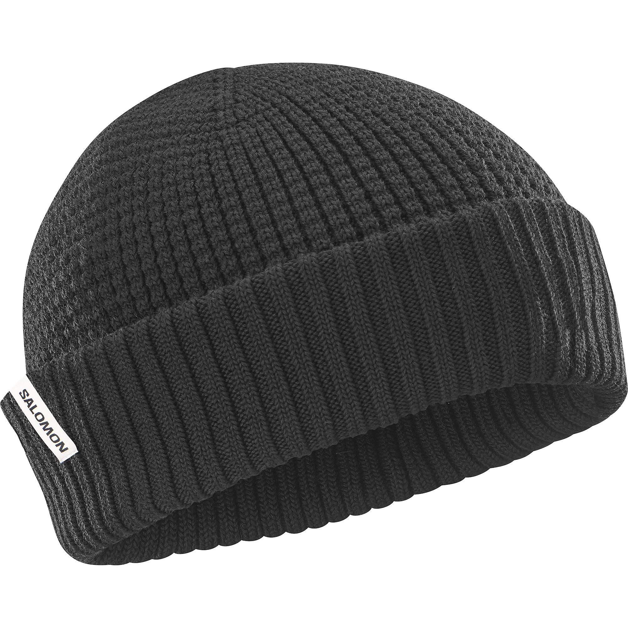 salomon docker beanie, wool blend hat for warmth and comfort, black colour, salomon beanie on a white background