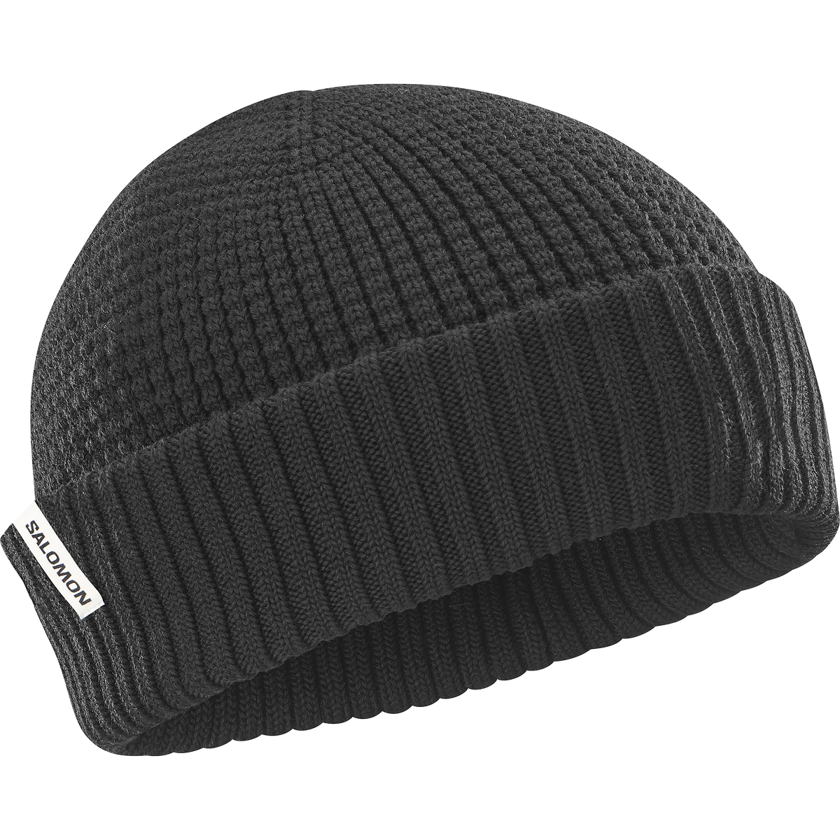 salomon docker beanie, wool blend hat for warmth and comfort, black colour, salomon beanie on a white background
