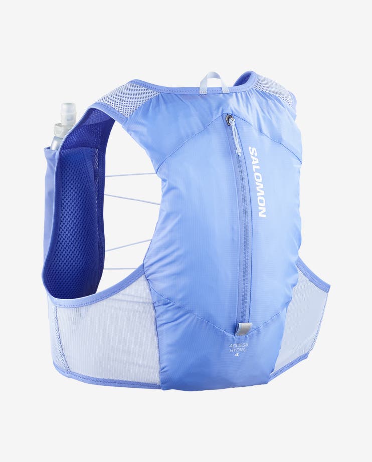 salomon hydra access 4 one flask, lightweight hydration vest for trail running or walking, rear view in a blue colour