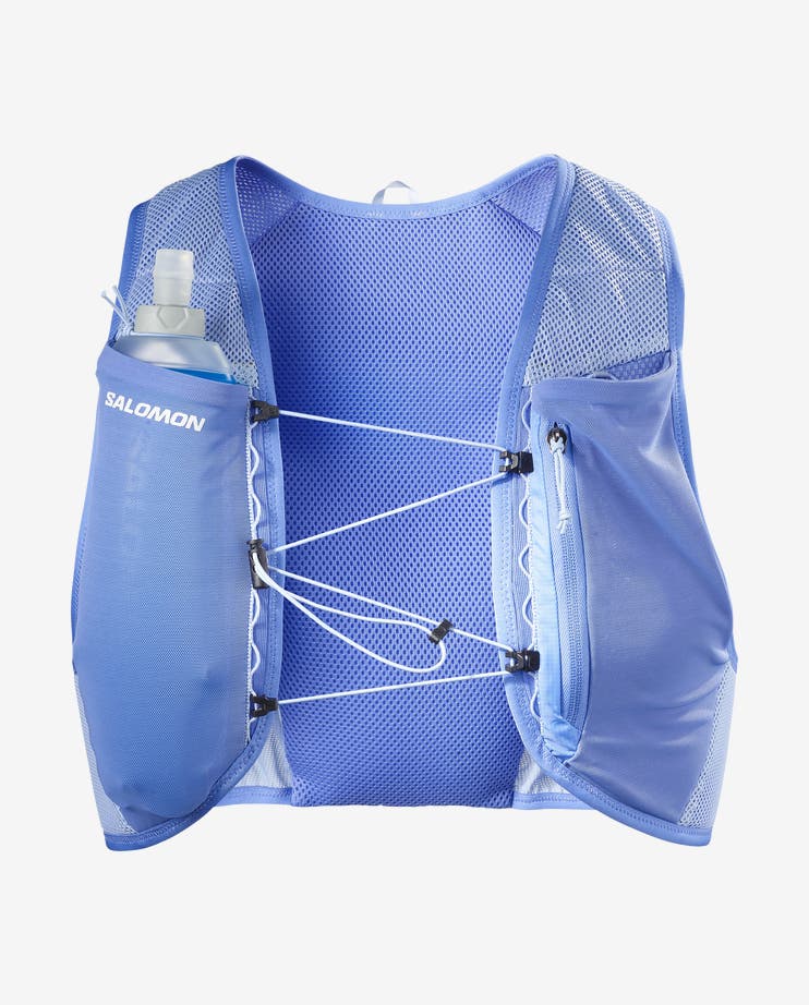 salomon hydra access 4 one flask, lightweight hydration vest for trail running or walking, front view in a blue colour