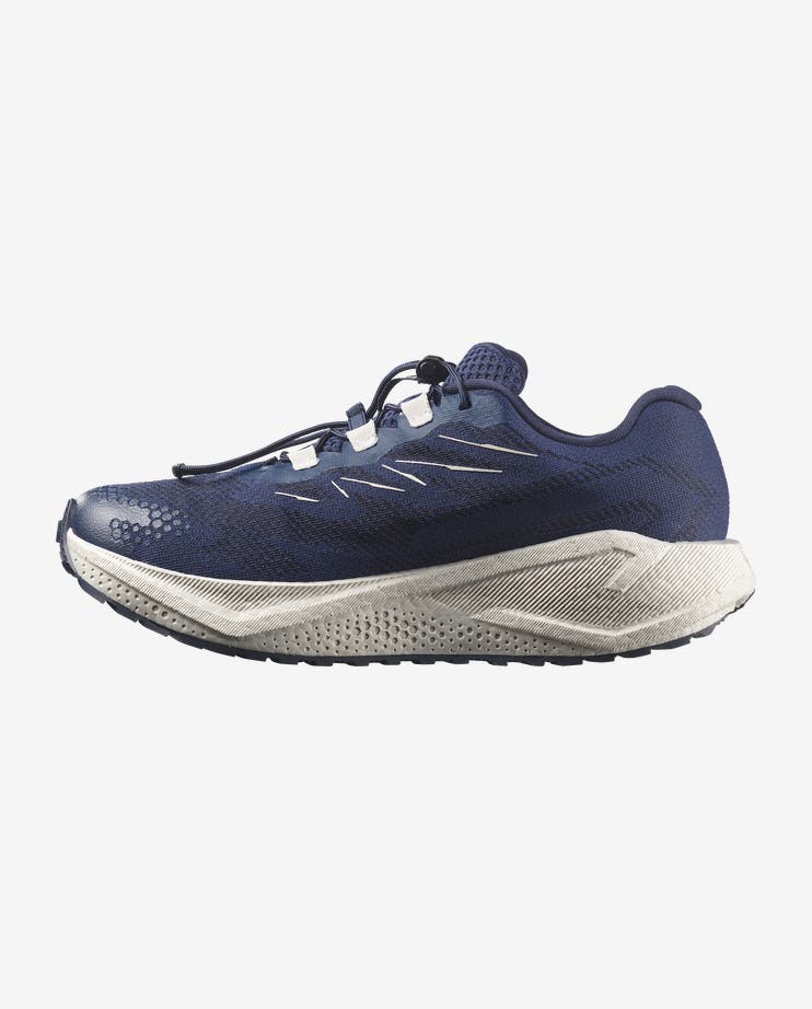 salomon aero blaze 4 grvl gtx, mens gore-tex full waterproof trail running shoe, side view of shoe in a blue colour with white sole