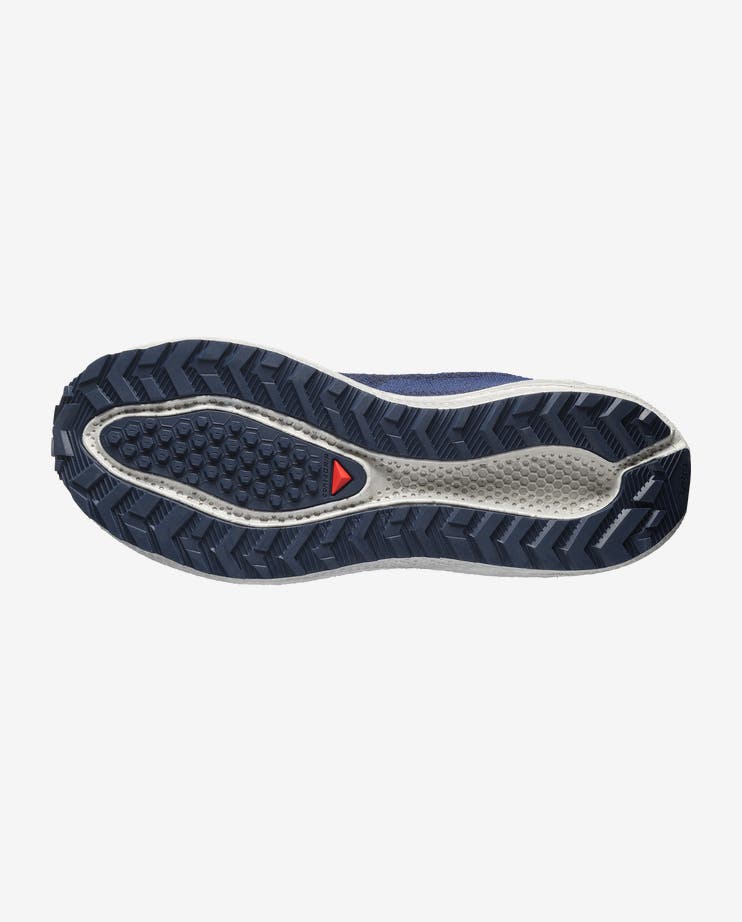 salomon aero blaze 4 grvl gtx, mens gore-tex full waterproof trail running shoe, bottom view of shoe in a blue colour with white sole