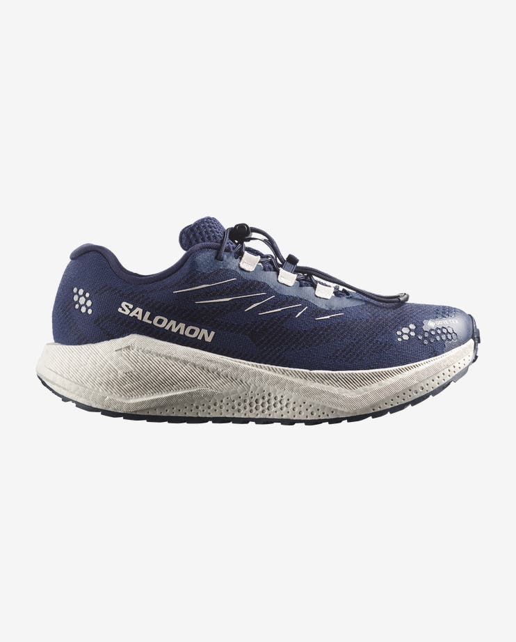salomon aero blaze 4 grvl gtx, mens gore-tex full waterproof trail running shoe, side view of shoe in a blue colour with white sole