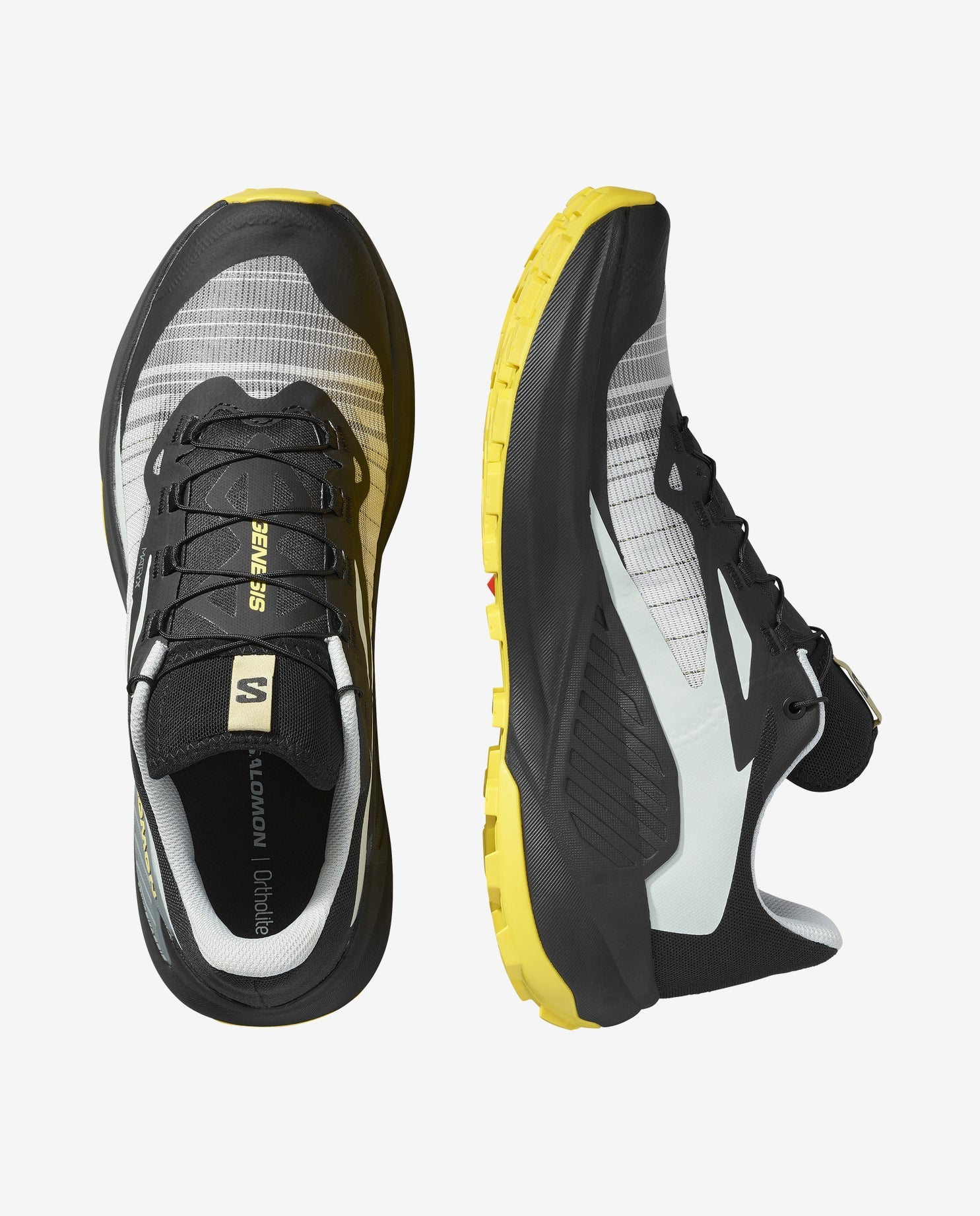 Black and yellow salomon genesis mens trail running shoe