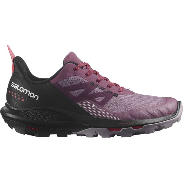 salomon outpulse gortex for women, trail hiking and walk shoe, dark purple with black side profile of shoe