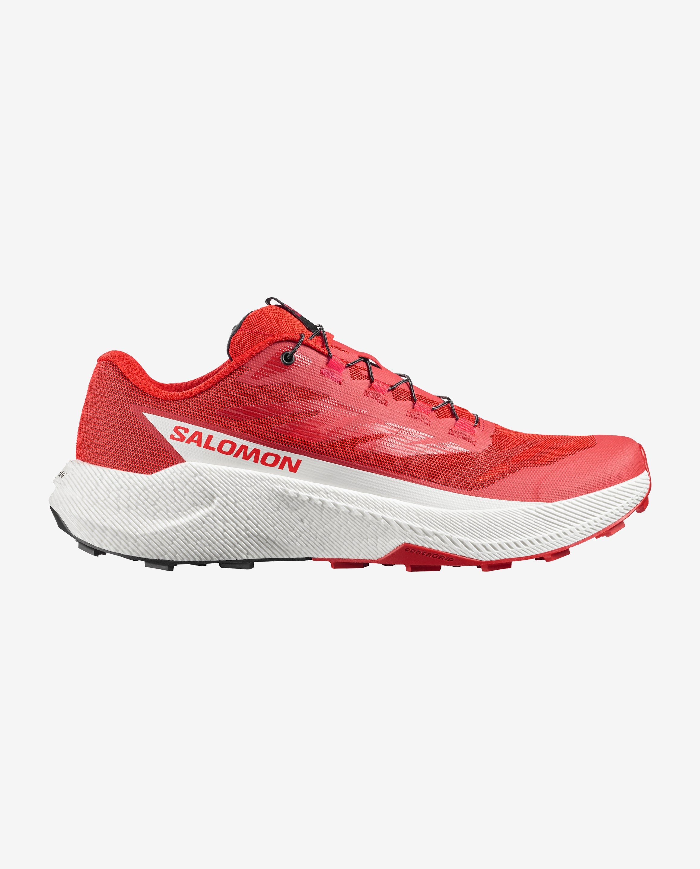 side view of the men's salomon pulsar trail running shoe in fiery red colour with black laces and white sole