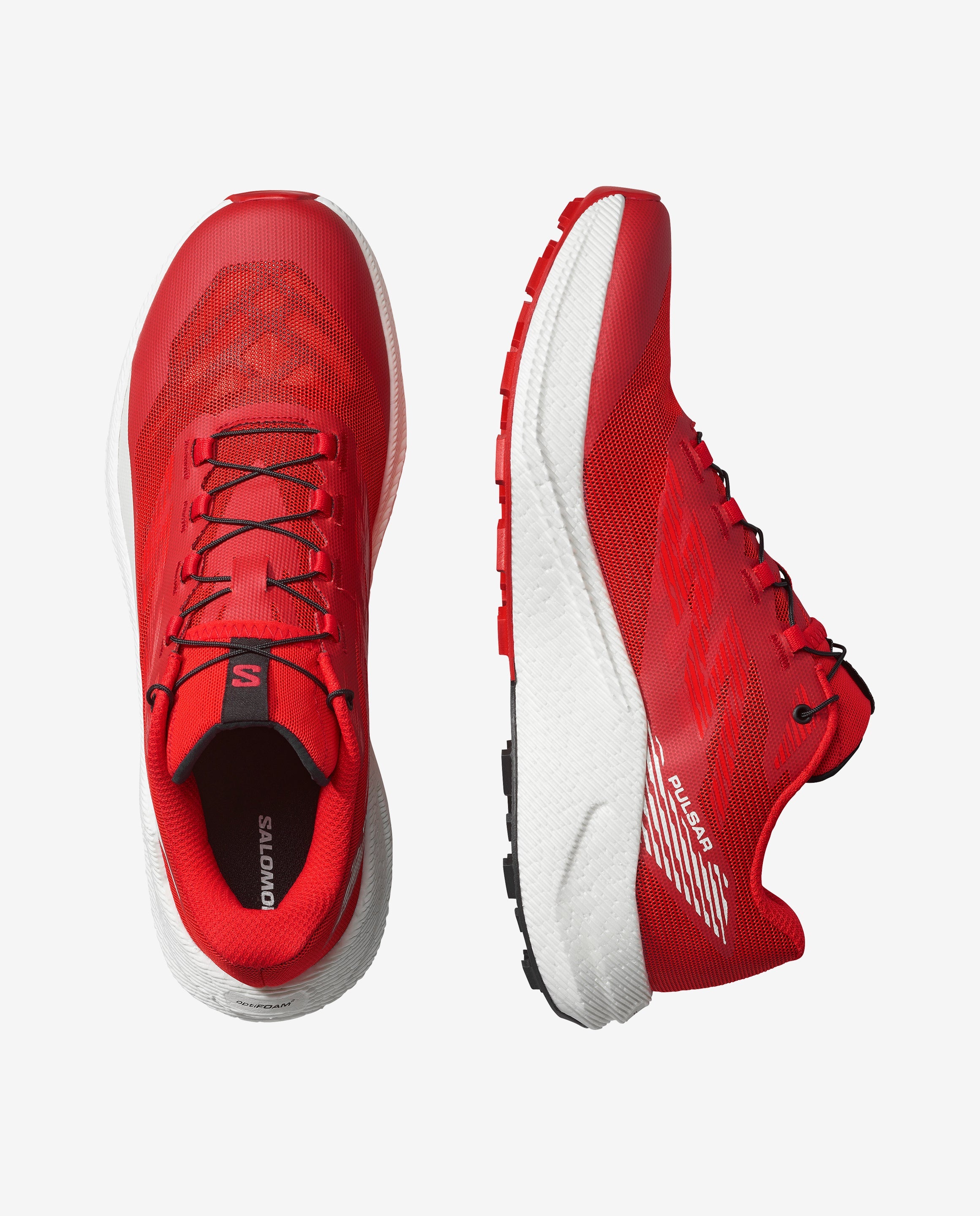 pair of men's salomon pulsar trail running shoe in fiery red colour with black laces and white sole