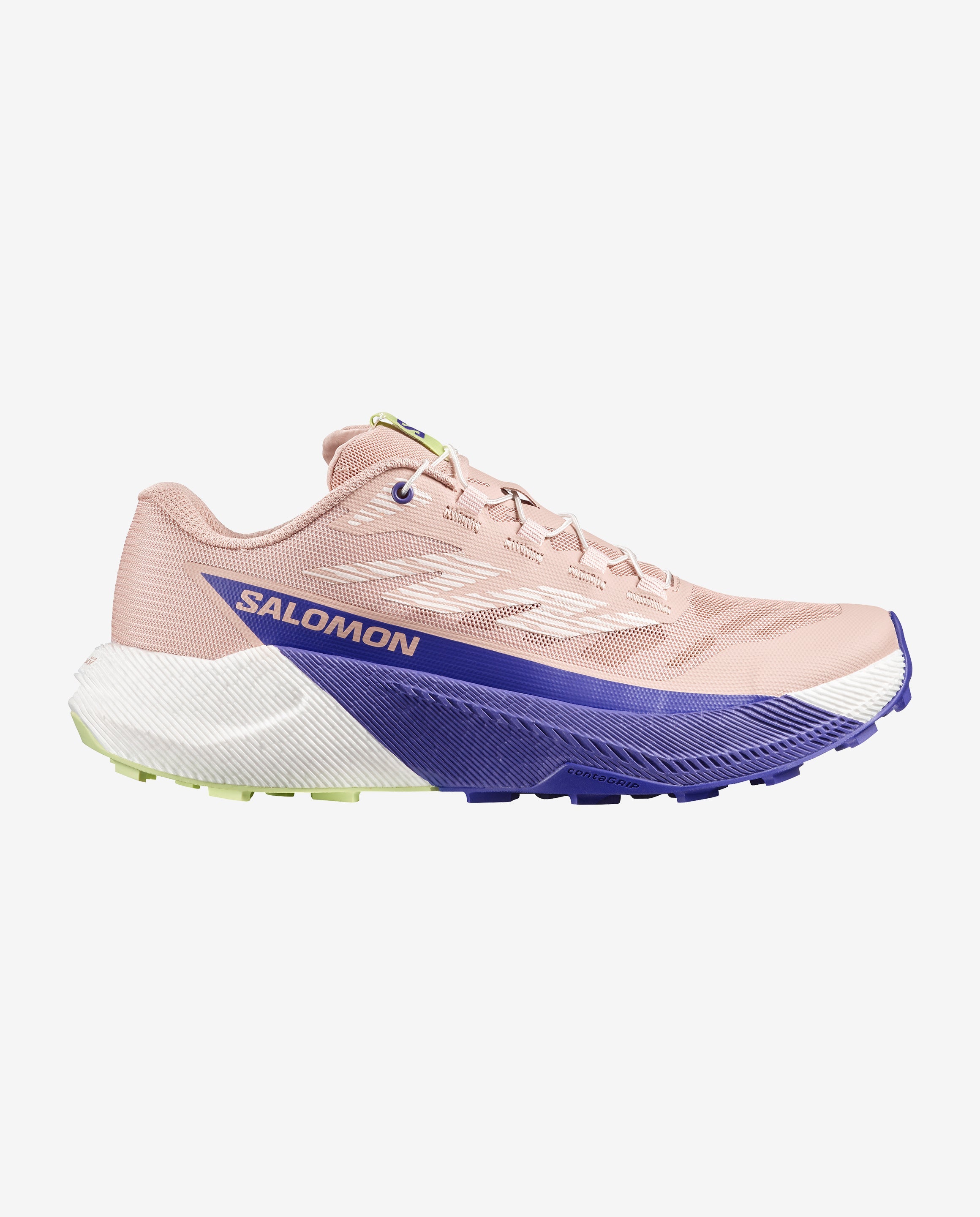 side view of the salomon pulsar trail shoe for women in shadow gray and deep blue colour