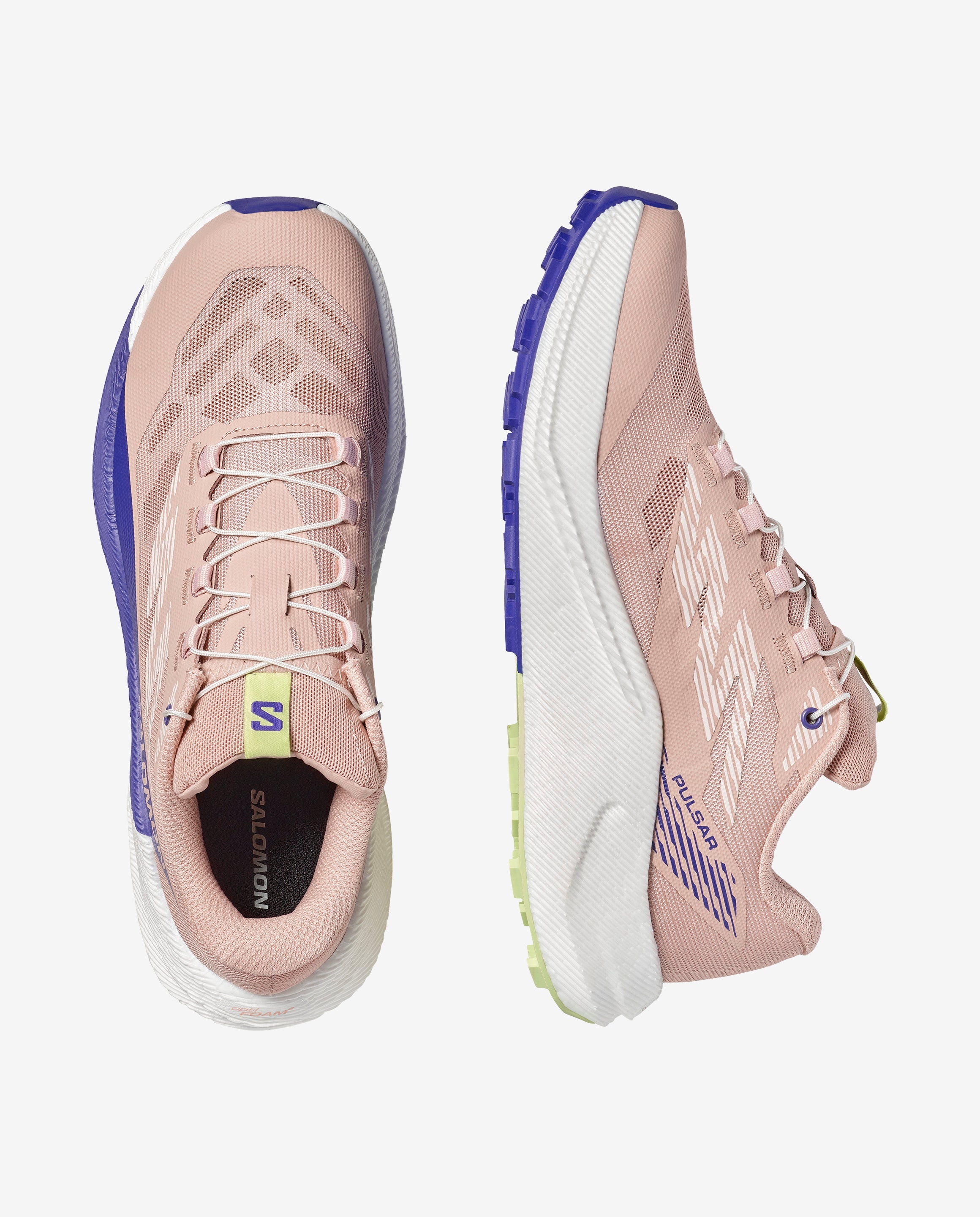 pair of salomon pulsar trail shoe for women in shadow gray and deep blue colour