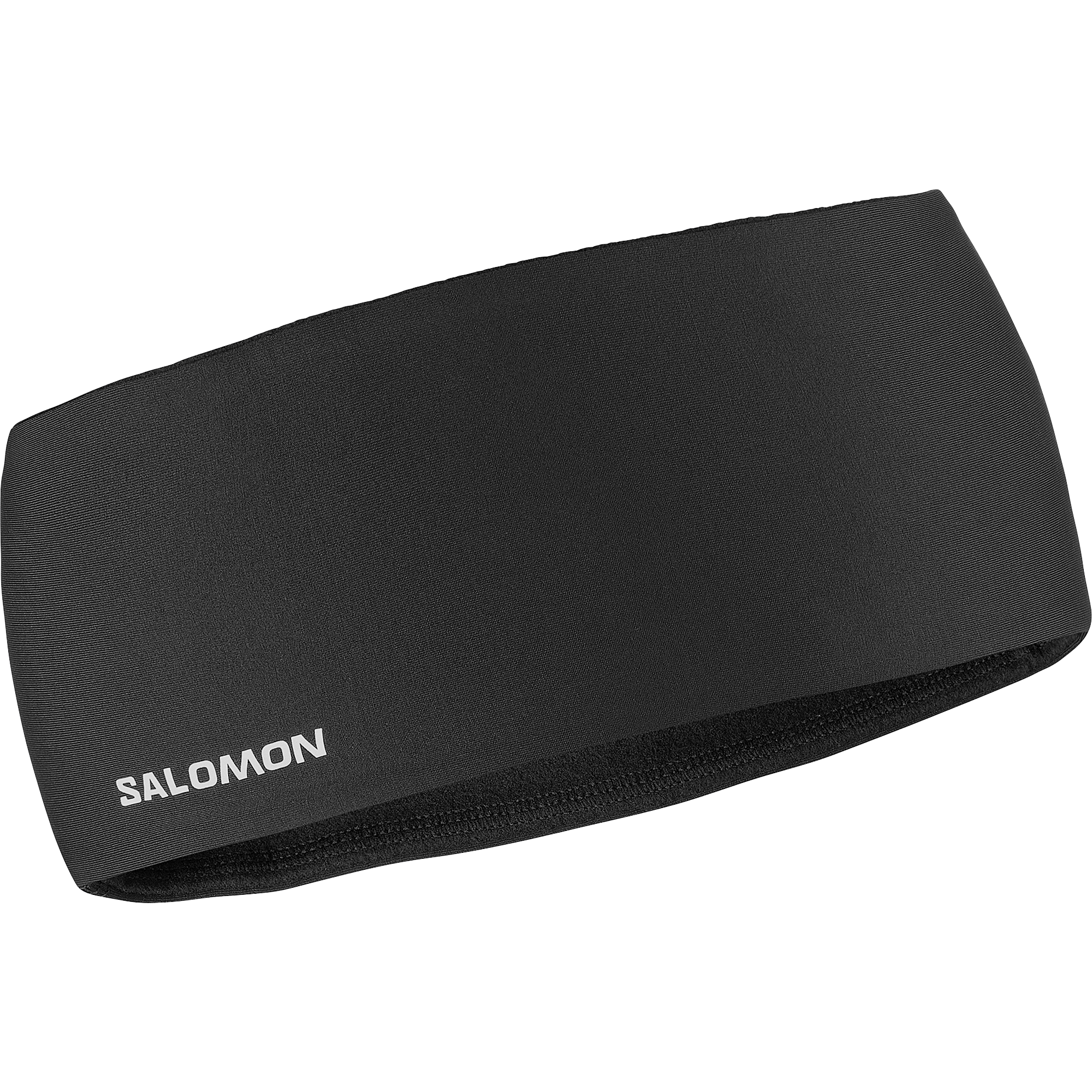 salomon run tech headband for all gender, warm and water repellent head accessory for running, black colour with reflective salomon logo, close up of salomon headband on a white background