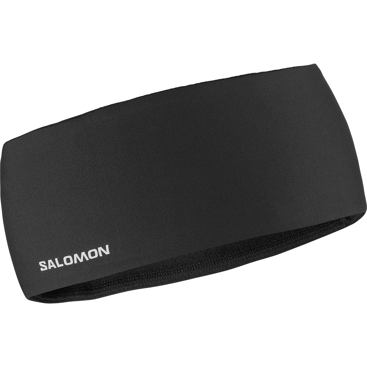 salomon run tech headband for all gender, warm and water repellent head accessory for running, black colour with reflective salomon logo, close up of salomon headband on a white background