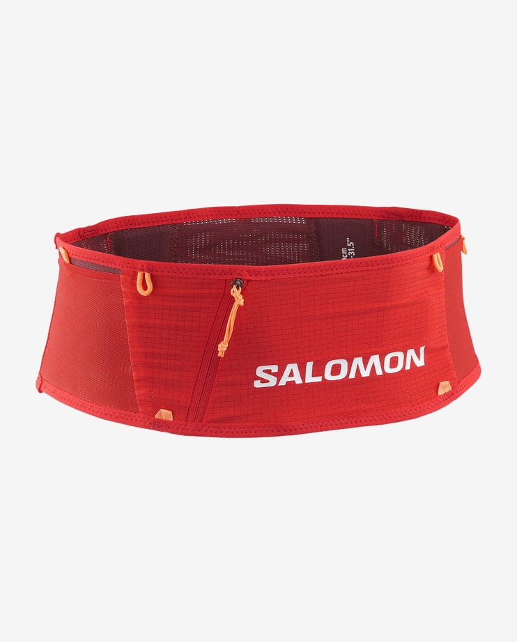 salomon s/lab pulsar running belt with zipper and side storage pockets for trail running, bright red colour, front of belt with white background