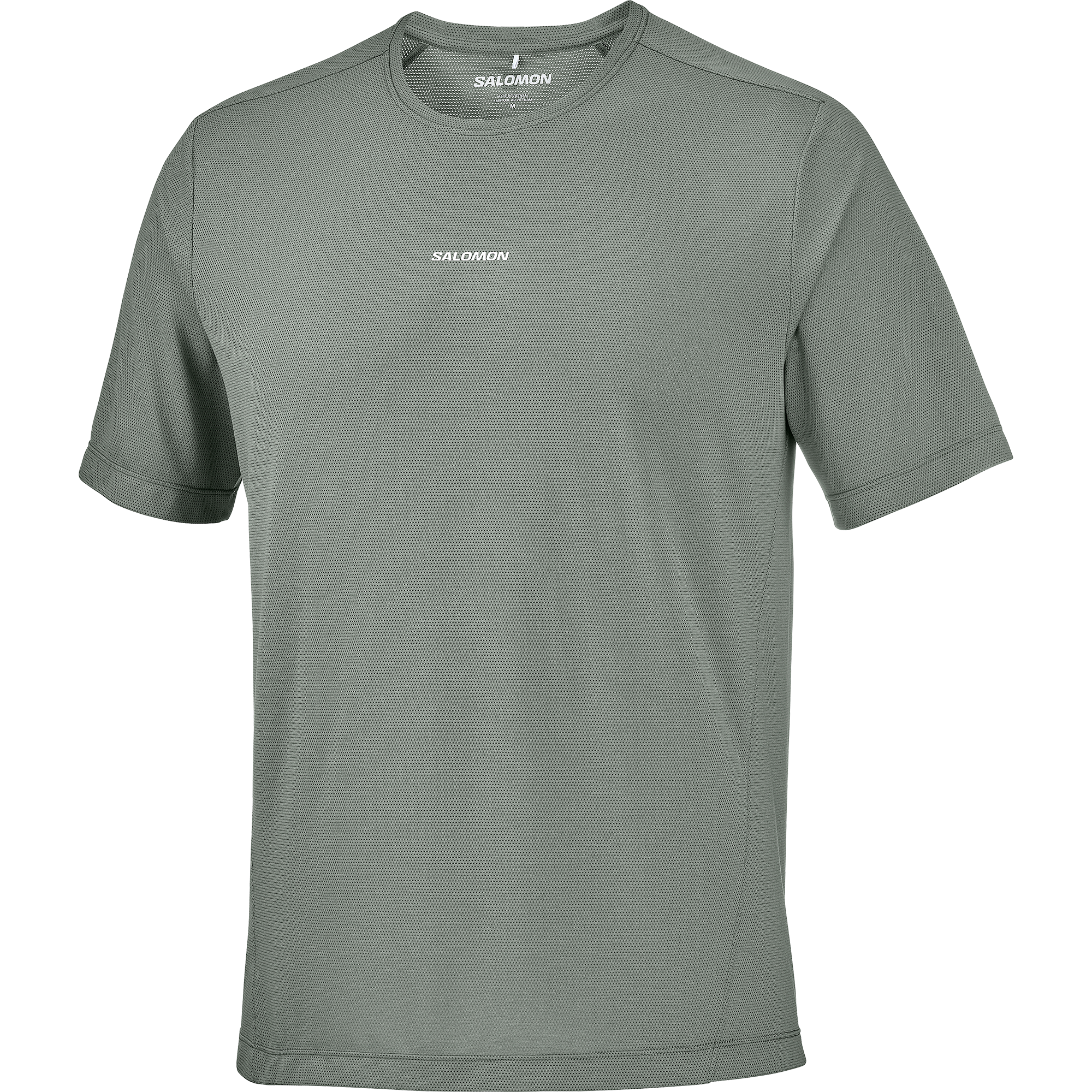 salomon shakeout core short sleeve t-shirt for men, lightweight run tee, grey colour with reflective salomon logo, salomon tee on a white background 