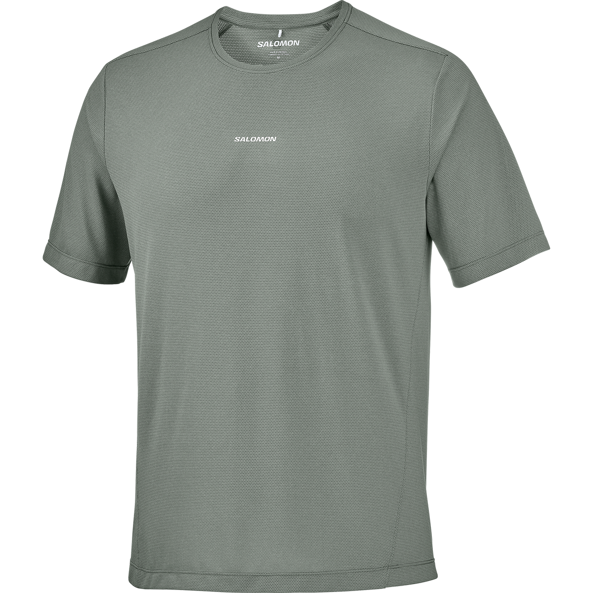 salomon shakeout core short sleeve t-shirt for men, lightweight run tee, grey colour with reflective salomon logo, salomon tee on a white background 