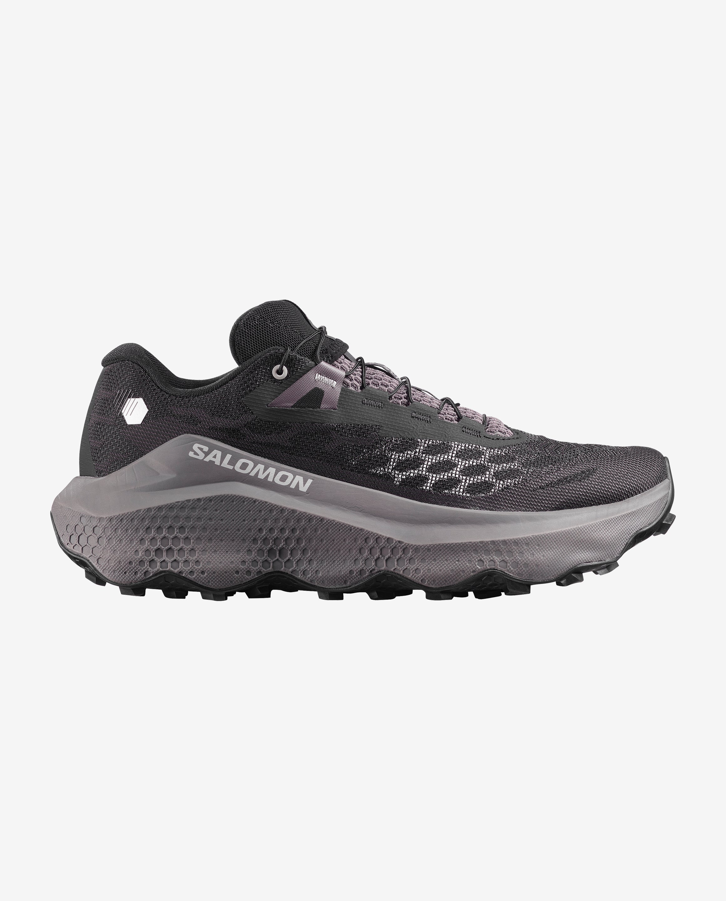Side view of the men's Salomon Ultra Glide 4 trail running shoe in black, dark gull grey colour