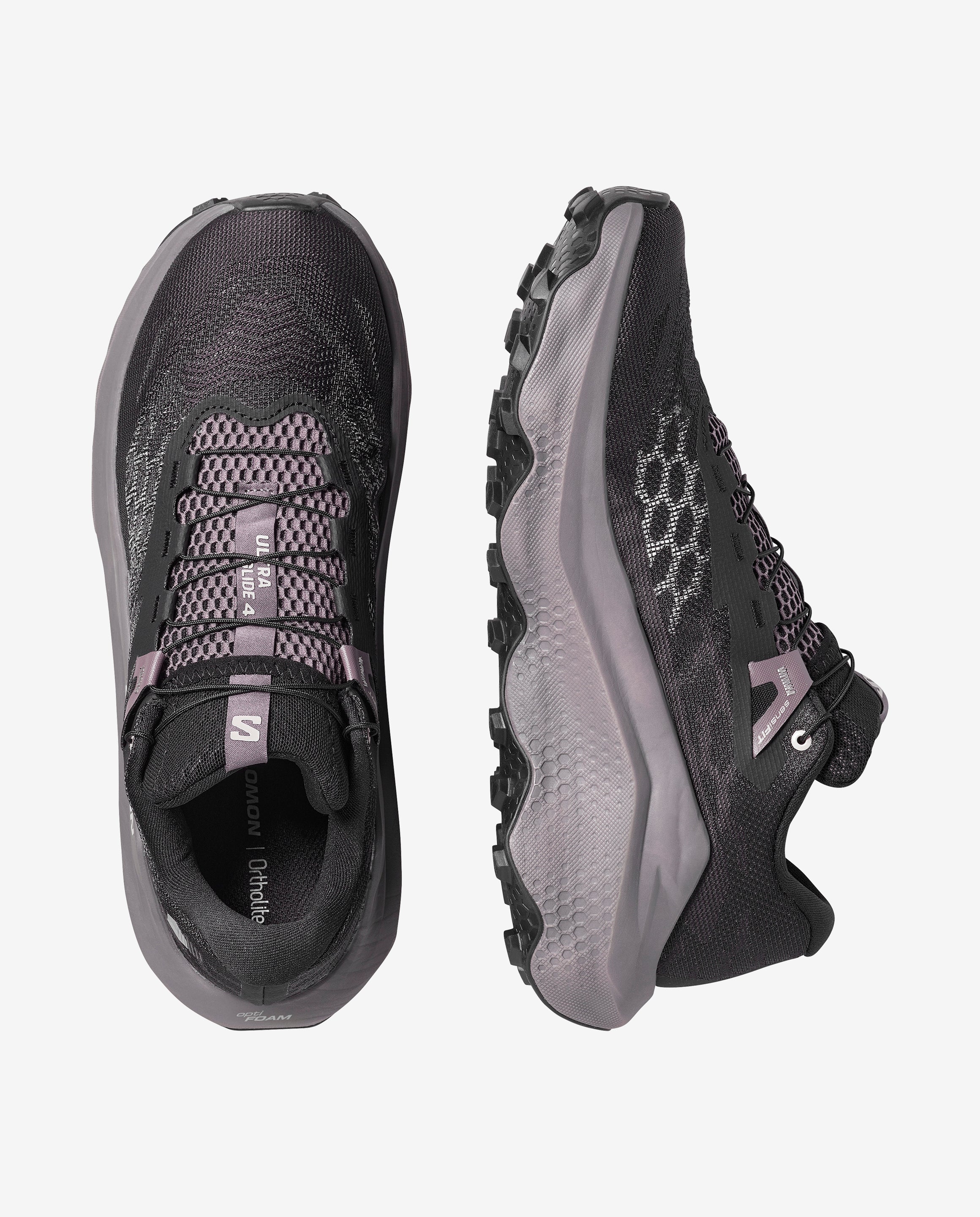 Pair of men's Salomon Ultra Glide 4 trail running shoe in black, dark gull grey colour