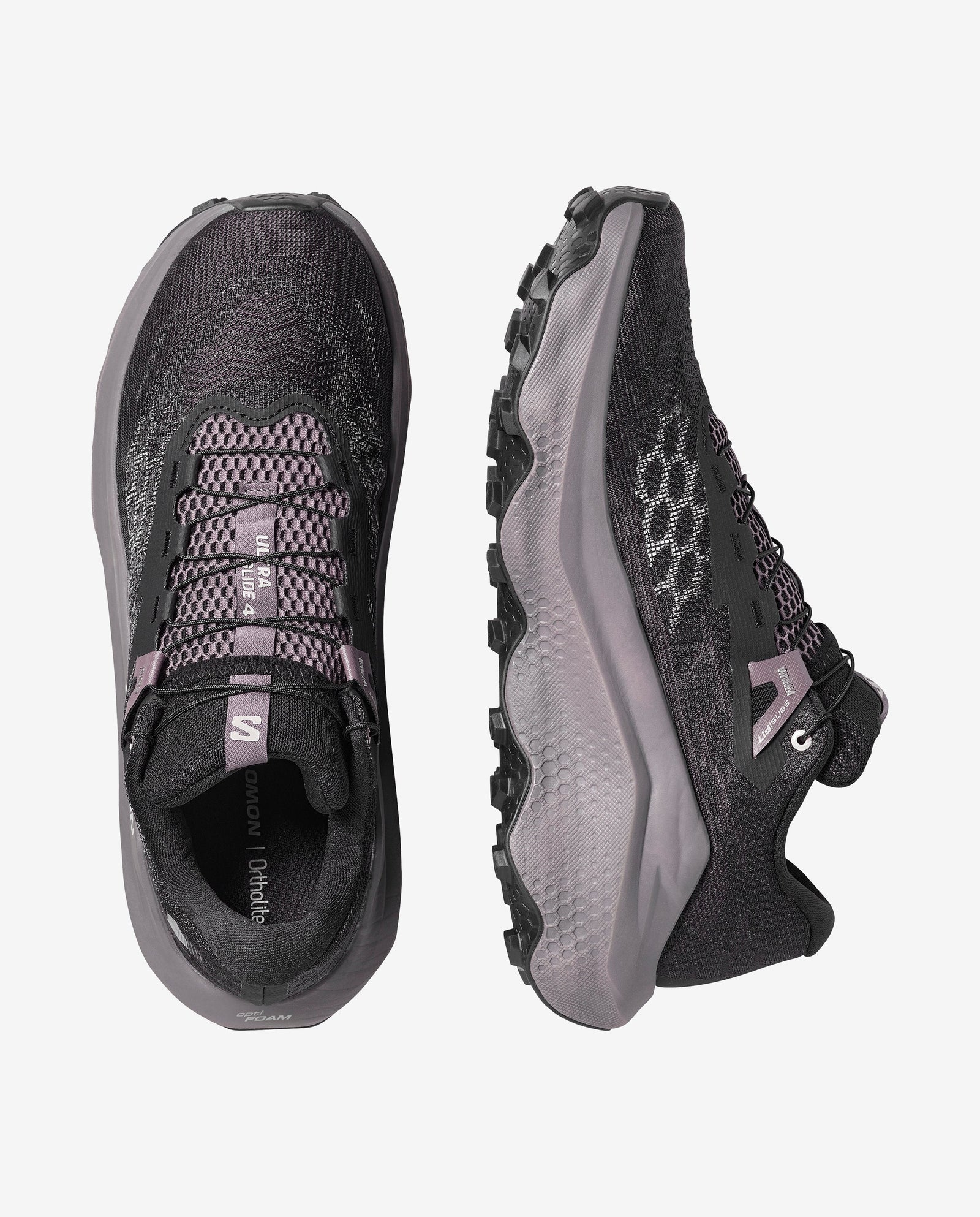 Pair of men's Salomon Ultra Glide 4 trail running shoe in black, dark gull grey colour