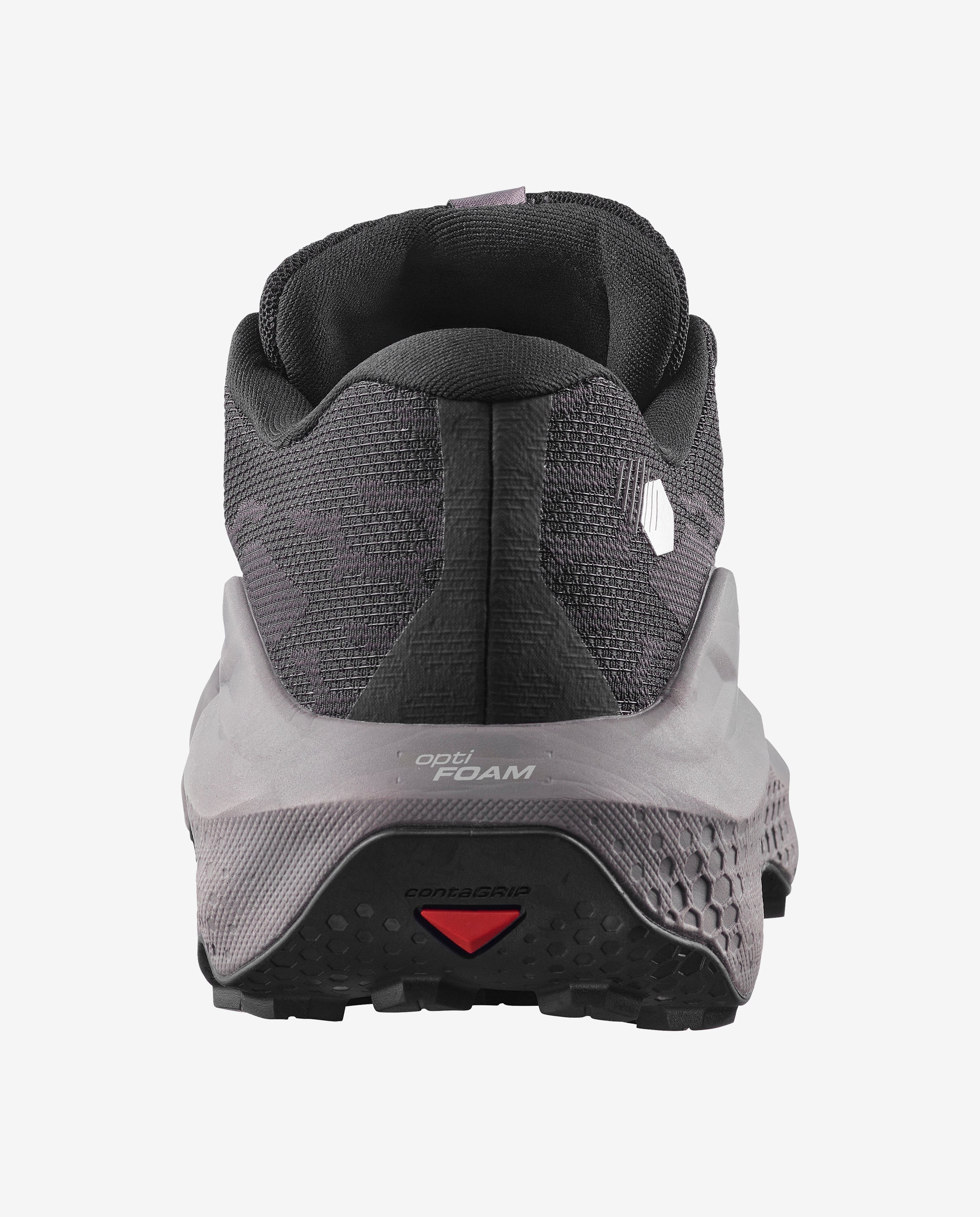 Back heel view of the men's Salomon Ultra Glide 4 trail running shoe in black, dark gull grey colour