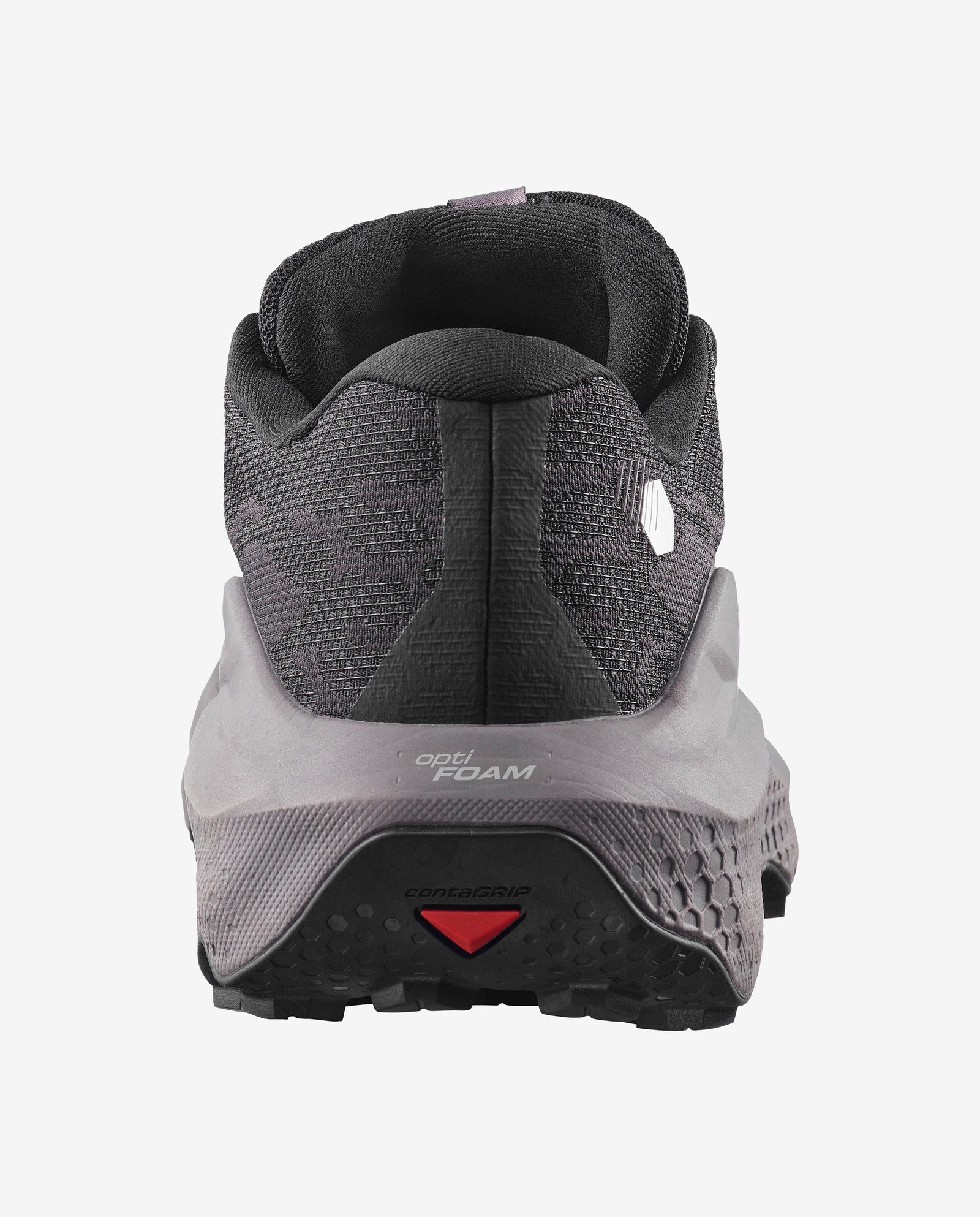 Back heel view of the men's Salomon Ultra Glide 4 trail running shoe in black, dark gull grey colour