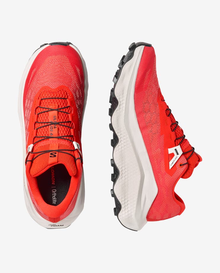 mens salomon ultra glide 4, mens trail shoe in the fiery red, vanilla ice, black colourway. Side and top down view of two shoes.