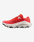 mens salomon ultra glide 4, mens trail shoe in the fiery red, vanilla ice, black colourway. Side profile picture of shoe on a white background.
