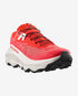 mens salomon ultra glide 4, mens trail shoe in the fiery red, vanilla ice, black colourway. front side picture of shoe on a white background.
