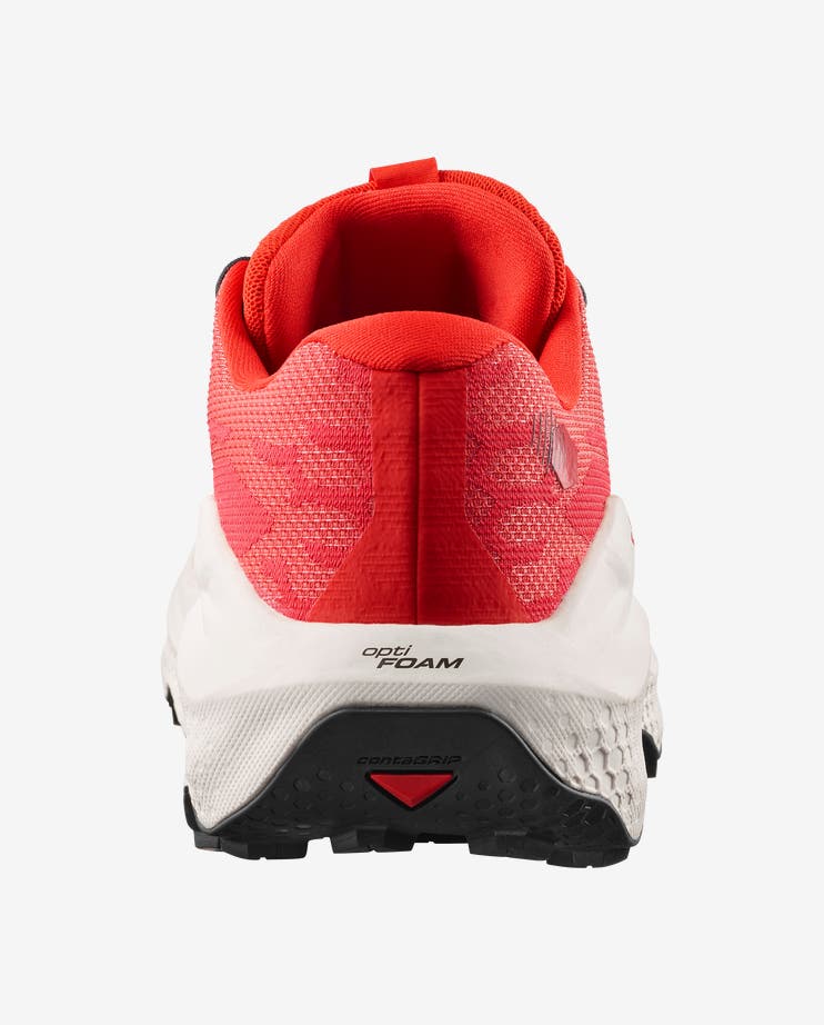 mens salomon ultra glide 4, mens trail shoe in the fiery red, vanilla ice, black colourway. picture of the rear of the shoe.